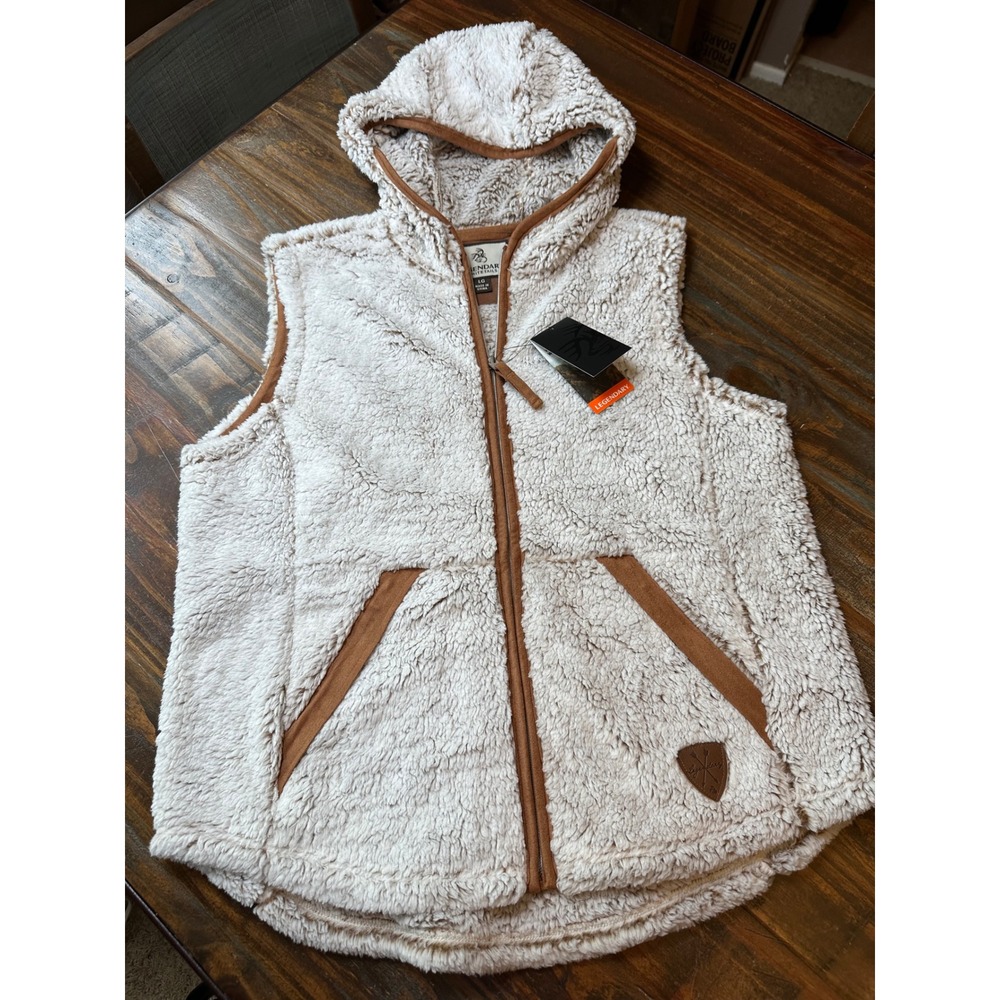 Legendary Whitetails Women's Fuzzy Hide Fleece Hooded Vest Cream Tan Large NWT